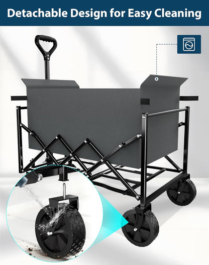 Lightweight Folding Wagon, Large Capacity Collapsible Grocery Cart on Big Wheels, Heavy Duty Foldable Shopping Carts, All-Terrain Outdoor Utility Carts, 3.5 Cu Ft, Grey