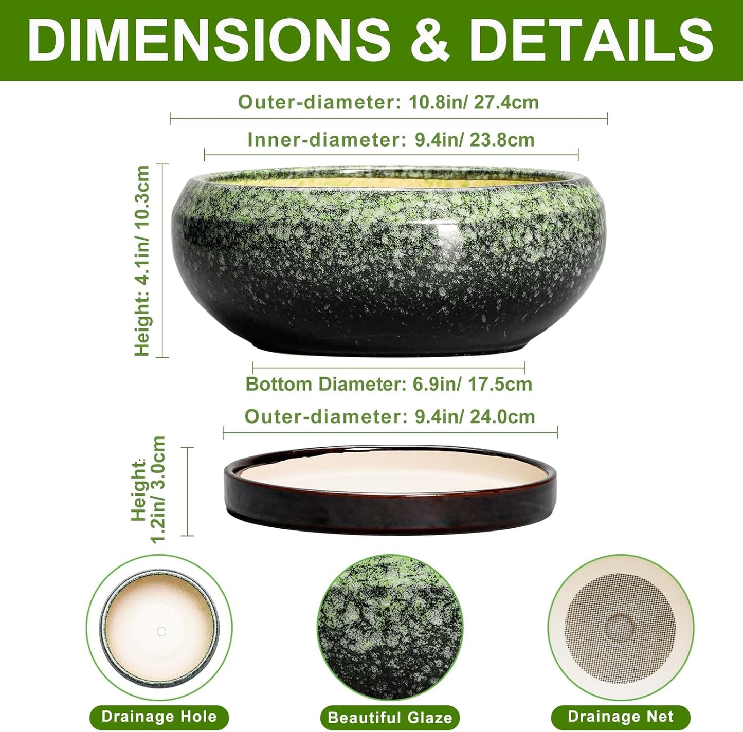 Bonsai Pots 10 Inch - Ceramic Pots for Plants Indoor Outdoor, Succulent Pot with Drainage Hole and Saucer, Large Bonsai Planter, Round Shallow Planter, Office Decor, Gardening Gift, Green