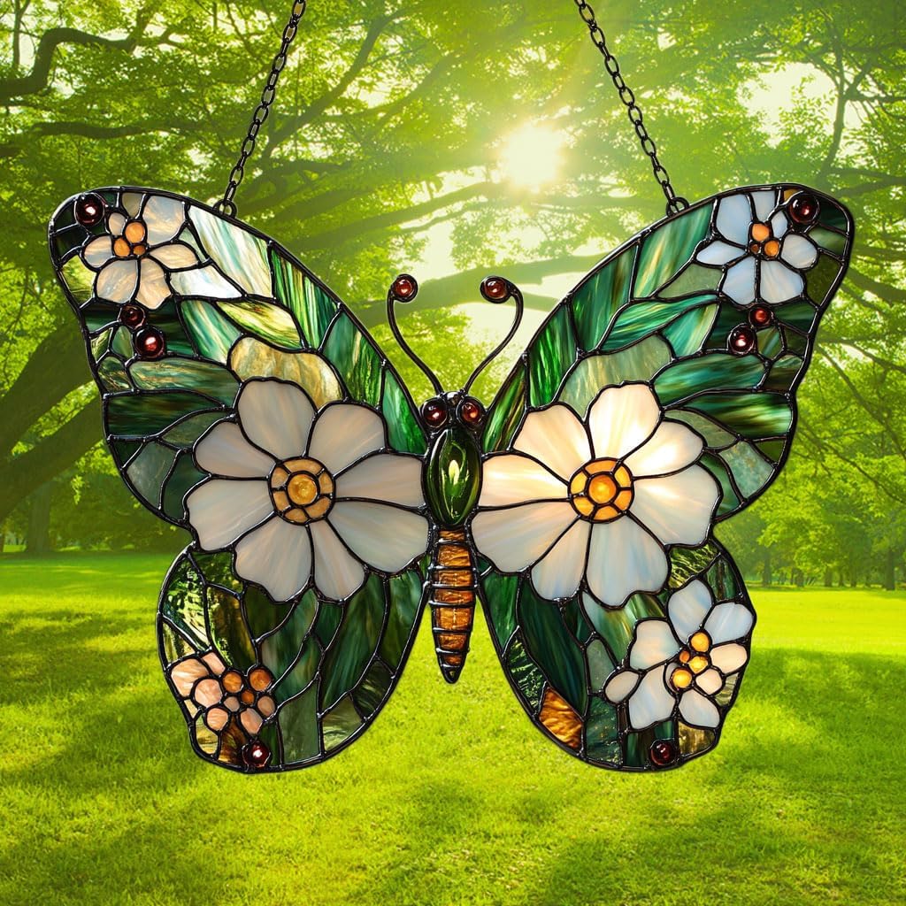 Daisy Fresh Butterfly Acrylic Suncatcher Stained Glass Effect Window Car Hanging Christmas Ornament Indoor Outdoor Decor Garden Sun Catcher Panel for Butterfly Lover for Women Mom Grandma