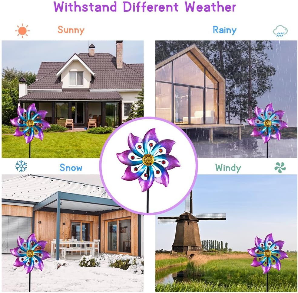VEWOGARDEN Garden Metal Flower Wind Spinners Outdoor, Kinetic Wind Sculptures & Spinners for Yard Lawn Patio Decorations, Blue & Purple