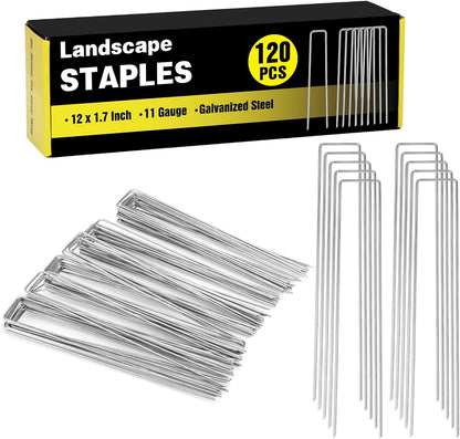 HongWay 120 Pack 12 Inch Landscape Staples, Garden Stakes 11 Gauge Galvanized Ground Staples Lawn Yard Tent Fence Stakes Landscaping Fabric Pins for Gardening Secure Outdoor Decorations