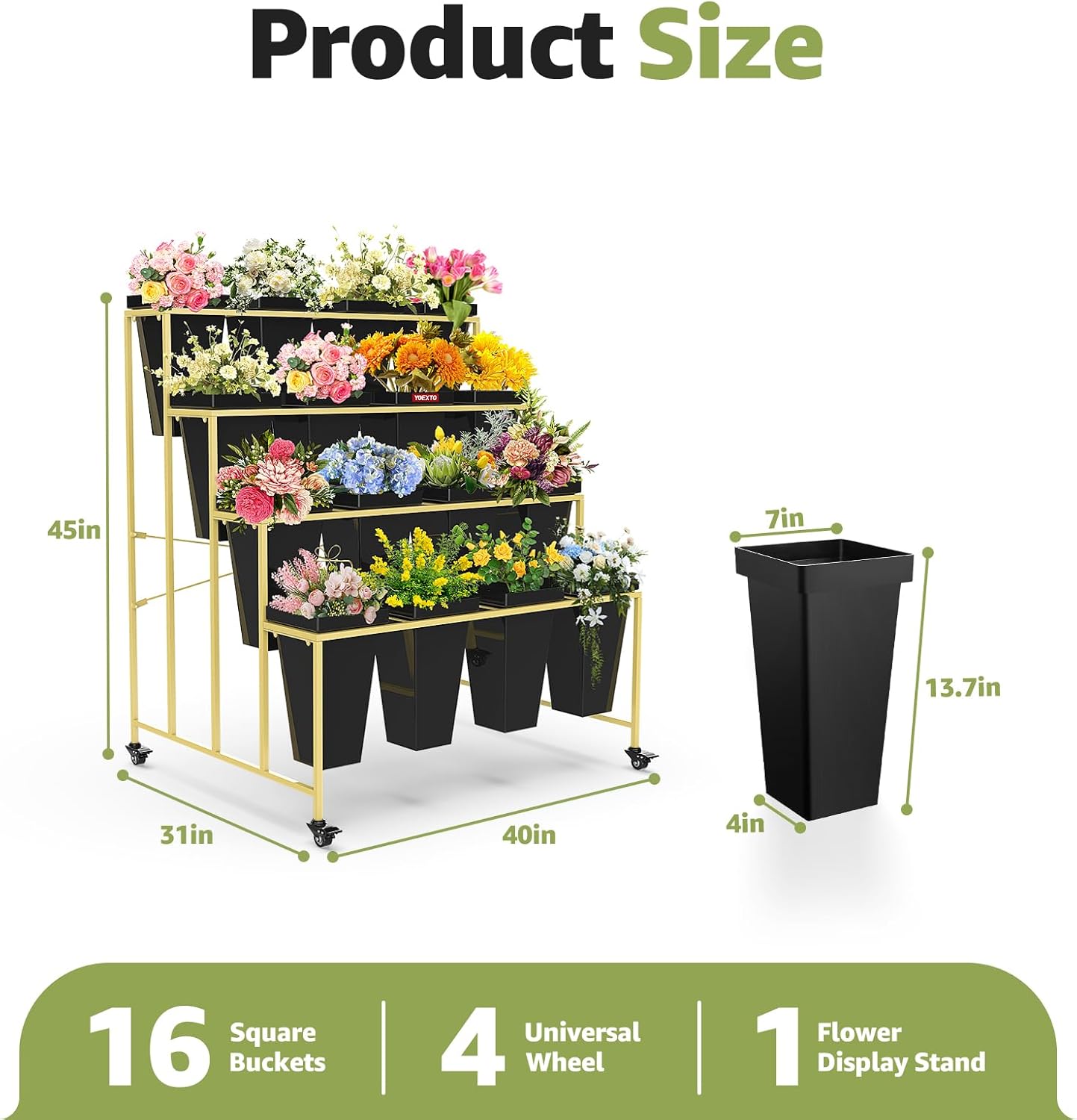 Flower Display Stand 4 Layers with 16 PCS Square Buckets, Plant Stand with Wheels, Movable Metal Plant Stand for Terrace Garden, Living Room, Florist Shop