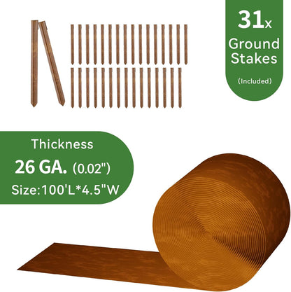 Worth Galvanized Steel Landscape Edging 4.5" x100' Metal Garden Edging Roll Flexible Bender Border with 31Pcs Stakes for Lawn, Flower Bed Edges, Rust-Colored Painted