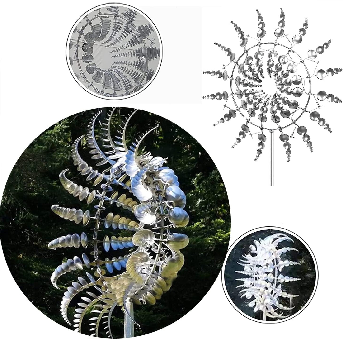 2Pcs Unique Fantasy Metal Windmill, 3D Wind Powered Kinetic Sculpture, Dual-Tiered Opposite-Directional Rotation, Stainless Steel Wind Spinners, Silver