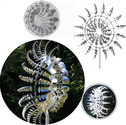 2Pcs Unique Fantasy Metal Windmill, 3D Wind Powered Kinetic Sculpture, Dual-Tiered Opposite-Directional Rotation, Stainless Steel Wind Spinners, Silver