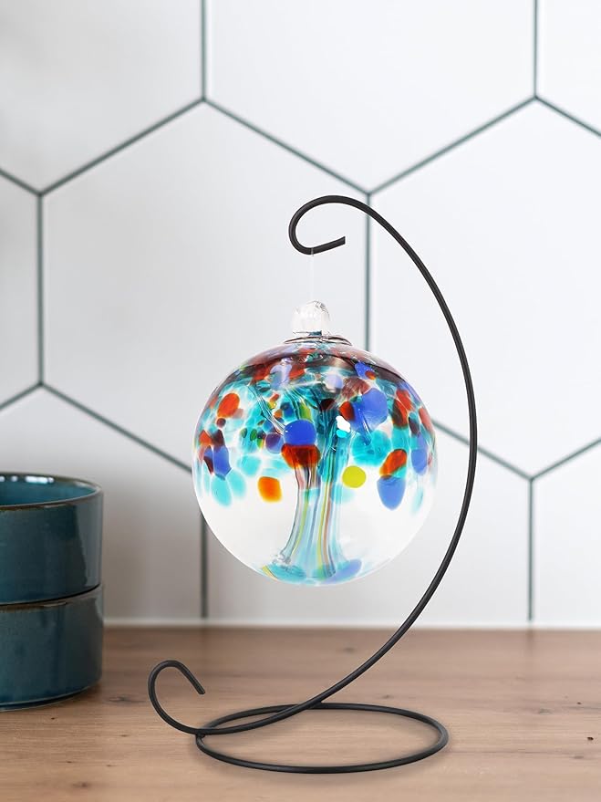 Dale Tiffany AC25003-D3 Rainbow Tree of Life Hand Blown Art Glass Ornament Witch Globe Gazing Ball, Devotion, 3" Diameter with Hanging Stand