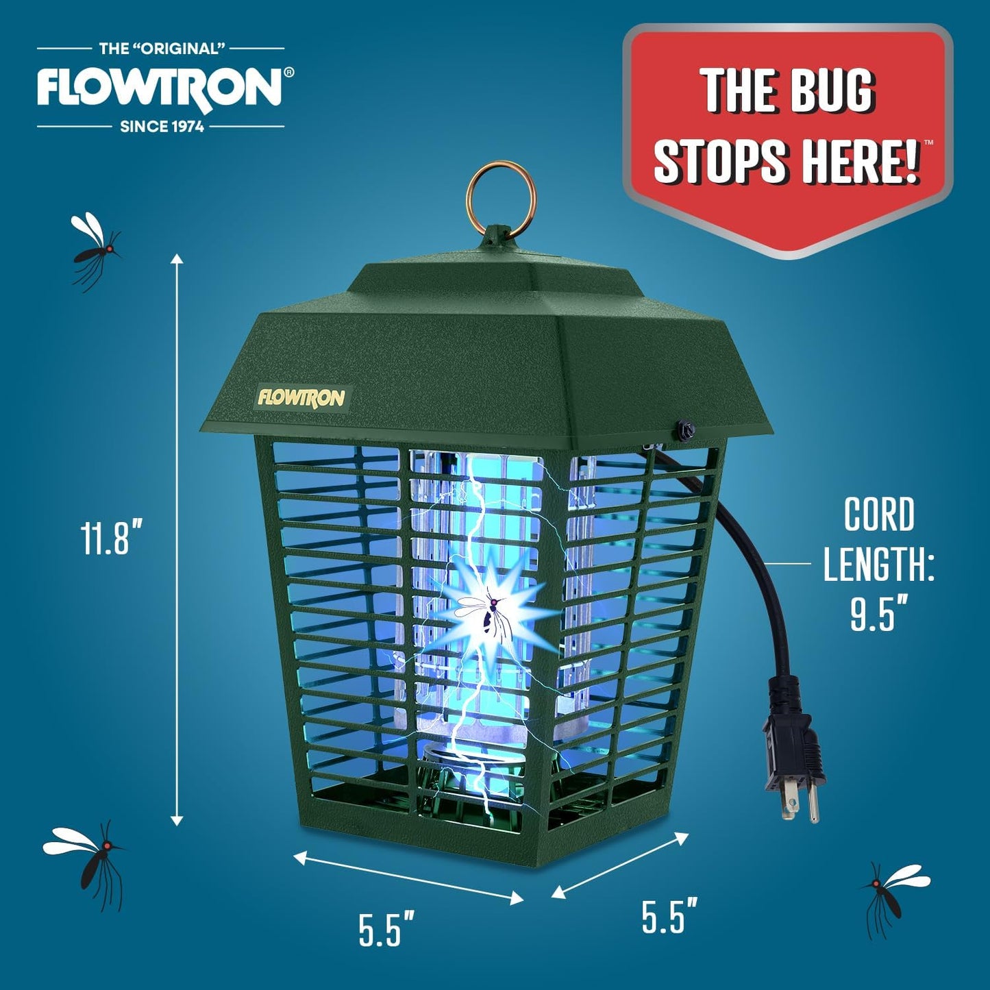 Flowtron Electric Bug Zapper 1/2 Acre Outdoor Insect Control with Dual Lure Method, 15W UV Light & Octenol Attractant for Fly & Mosquito, 5600V Kill Grid, Made in USA, UL Certified - Green Color