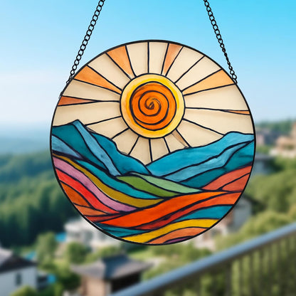 Stained Glass Window Hanging – Sunrise Sun Catcher Round Diamond Glass Panel, Abstract Ocean Window Decor, Suncatchers for Windows Hanging Gift for Women & Mom (12 Inch)