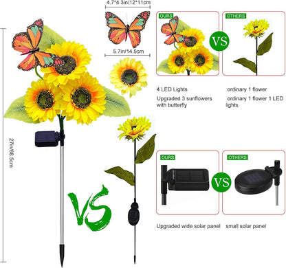 ANGMLN Solar Sunflower Outdoor Garden Lights, 2 Pack Solar Flower with Butterfly Waterproof Garden Decor, Gifts for Mom Grandma, Waterproof Decorative Lights for Pathways Patios and Yards Decorations