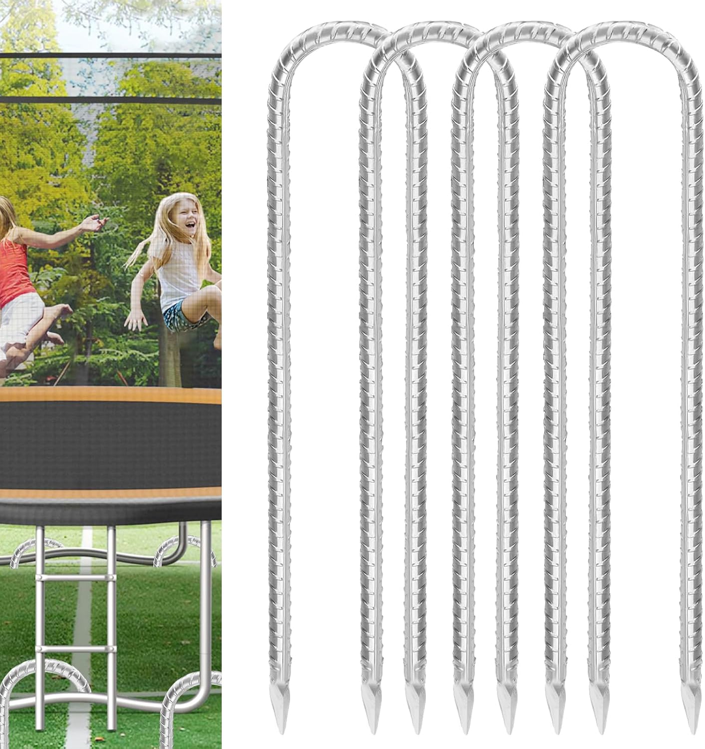 Trampoline Stakes Anchors High Wind 16inx10mm Galvanized U Hook 4pcs Rebar Stakes – Heavy Duty Ground Anchors for Trampoline,Yard & Inflatable,Landscape Metal Stakes for Outdoor Decorations
