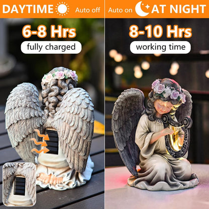 Solar Garden Outdoor Statues Lights, Resin Angel Figurine Light for Patio, Balcony, Yard, Lawn Ornament, Unique Housewarming Gifts and Yard Decor (Angel Plays)
