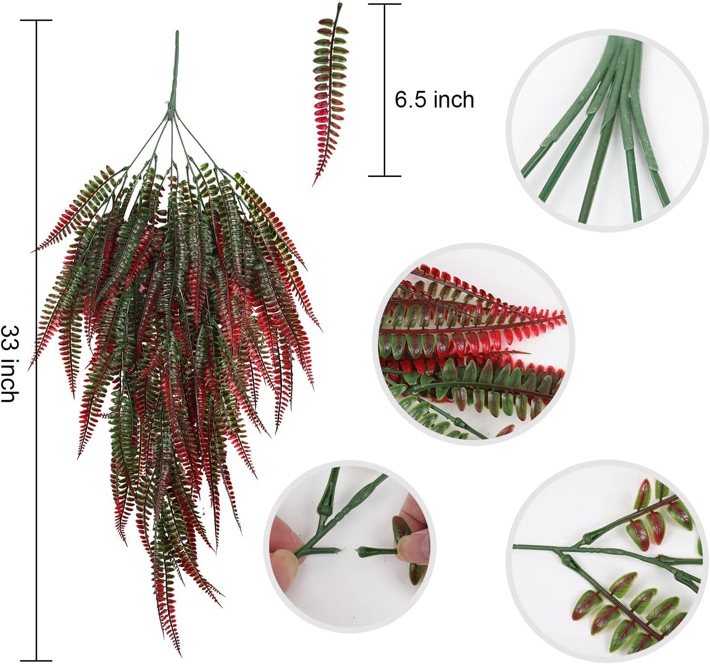 RECUTMS 4Pcs Artificial Boston Fern UV Resistant Fake Hanging Plants Greenery Plastic Ivy Leaves Faux Vines for Wall Garden Wedding Indoor Outdoor Decor (Red)