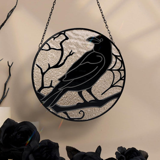 Raven Stained Glass Suncatcher Window Hanging Decoration, Halloween Gothic Black Crow Glass