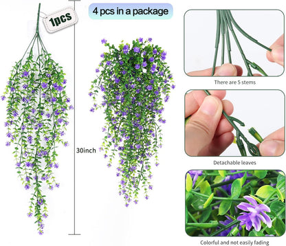 SJL Hanging Greenery 4pcs Realistic Artificial Plants Indoor Artificial Hanging Plants Outdoor Fake Eucalyptus Faux Ivy Plastic Flowers Leaves Decor for Bedroom Porch Wall (Purple)