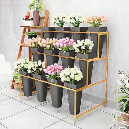 Flower Display Stand With 12PCS Buckets, 3 Layers Metal Plant Stand with Wheels, Heavy Duty Moving Plant Cart Shelf, for Indoor, Outdoor Patio Garden, Living Room, Florist (Black - Square Bucket)