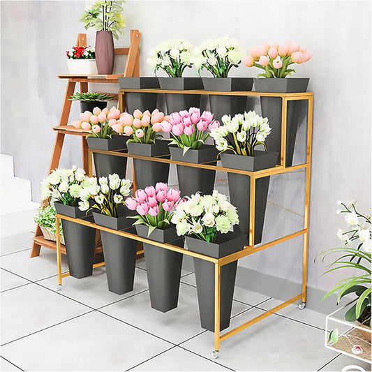 Flower Display Stand With 12PCS Buckets, 3 Layers Metal Plant Stand with Wheels, Heavy Duty Moving Plant Cart Shelf, for Indoor, Outdoor Patio Garden, Living Room, Florist (Black - Square Bucket)