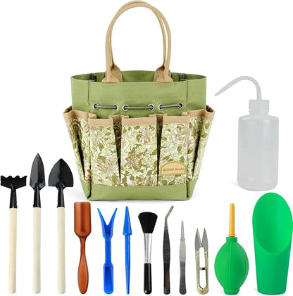 G GOOD GAIN Garden Succulent Kit with Organizer Bag, 14 Pieces Succulent Tools, Indoor Mini Hand Gardening Tools Set with Carrier for Bonsai Planter Miniature Fairy Planting Care(Honeysuckle)