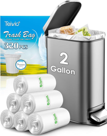 Teivio 2 Gallon 320 Counts Strong Trash Bags Garbage Bags, Bathroom Trash Can Bin Liners, Small Plastic Bags for Home Office Kitchen Kitchen (Clear)