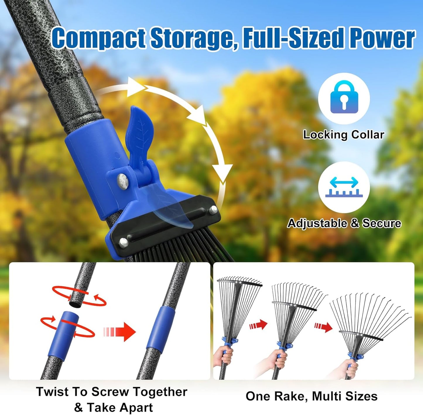 Rake for Leaves: Adjustable Metal Leaf Rake for Lawn, 8-17" Expandable Head, 45” Long Handle,Collapsible Heavy Duty Women Kids Garden Rakes for Yard Pine Needles Mulch Grass Debris Gardening Camping