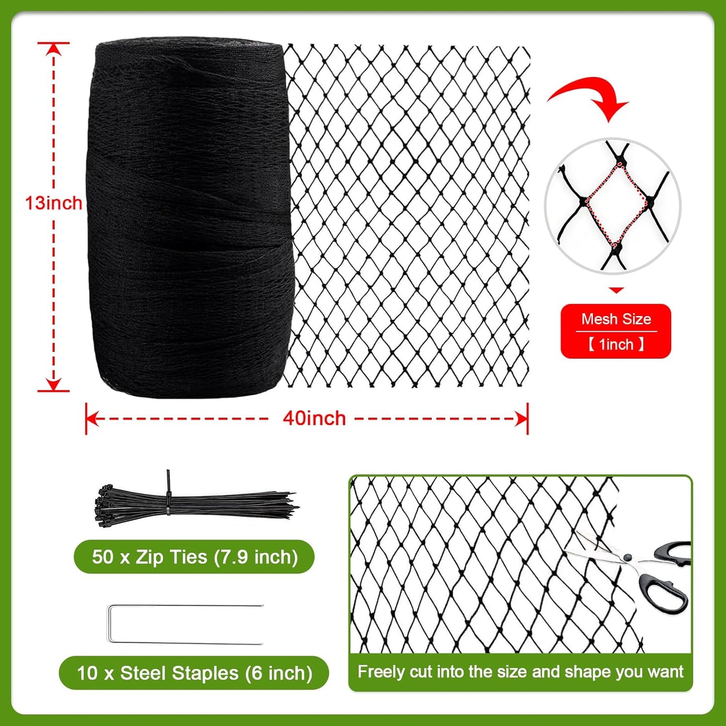 Garden Bird Net, 13 X 40 Feet Heavy-Duty Poultry Bird Net, with 50 Straps and 10 Staples, Used for Fruit Trees, Plants, Vegetables, and Garden Nets Against Birds and Deer