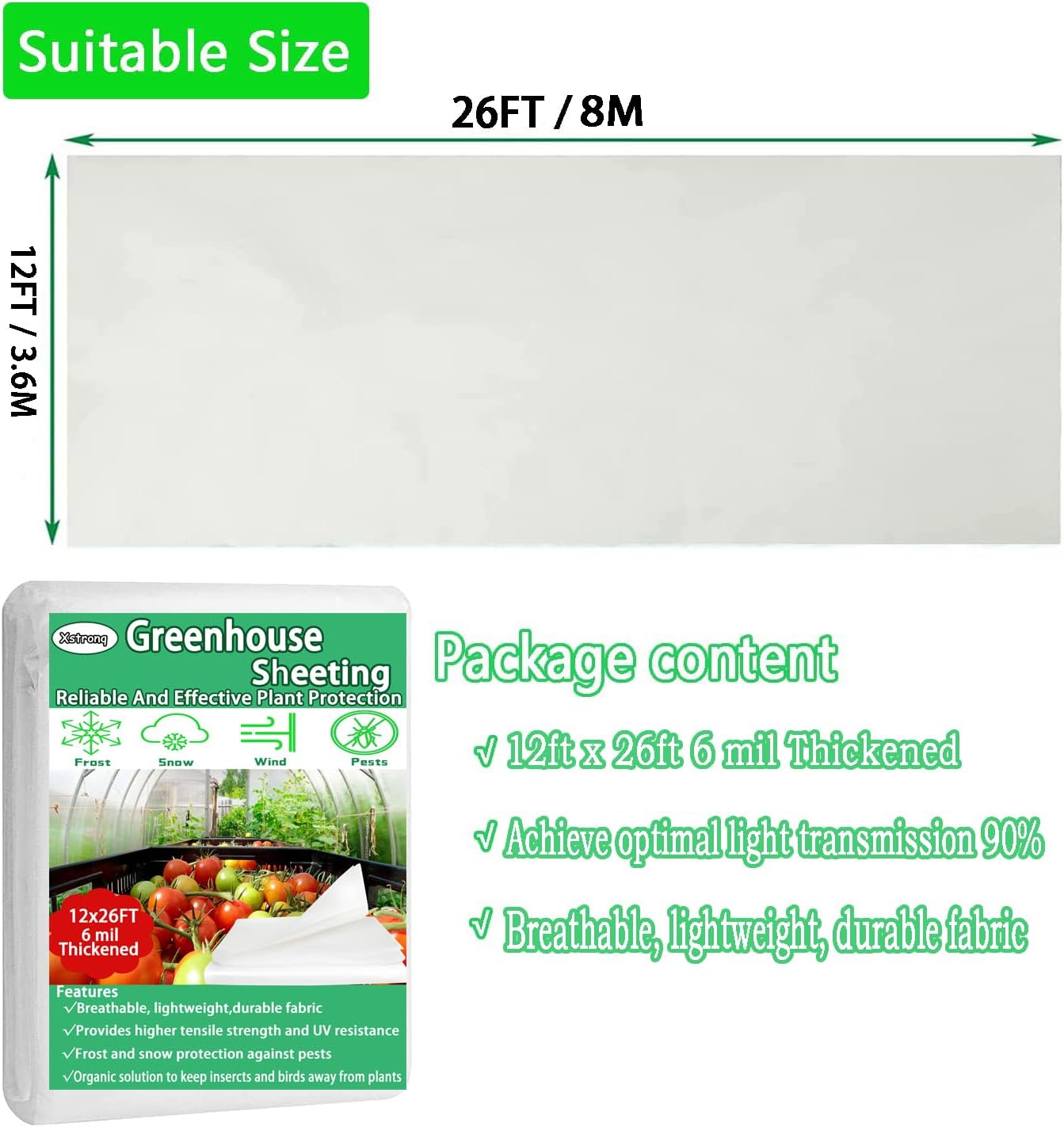 12FTx26FT Greenhouse Plastic Sheeting, 6 Mil Thick Clear Polyethylene Film, Waterproof Wind Frost Dust UV Resistant Green House Plastic Covering for Outdoor Plant, Garden, (12ft x 26ft)