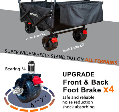 SKYMANOR Collapsible Wagon Folding Garden Cart with Removable Canopy Utility Wagon Cart with All-Terrain Wheels Brake Beach Cart for Sand Heavy Duty Beach Wagon for Camping Shopping (Black)