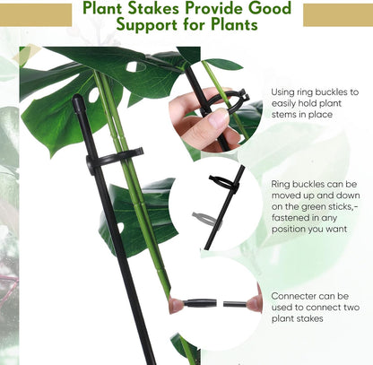 meekoo 30 Pcs Adjustable Garden Plant Support Stakes Single Stem Plant Cage Support Rings with Clips and Connect Pipe for Orchid Rose Tomato, 12 Inch (Black)