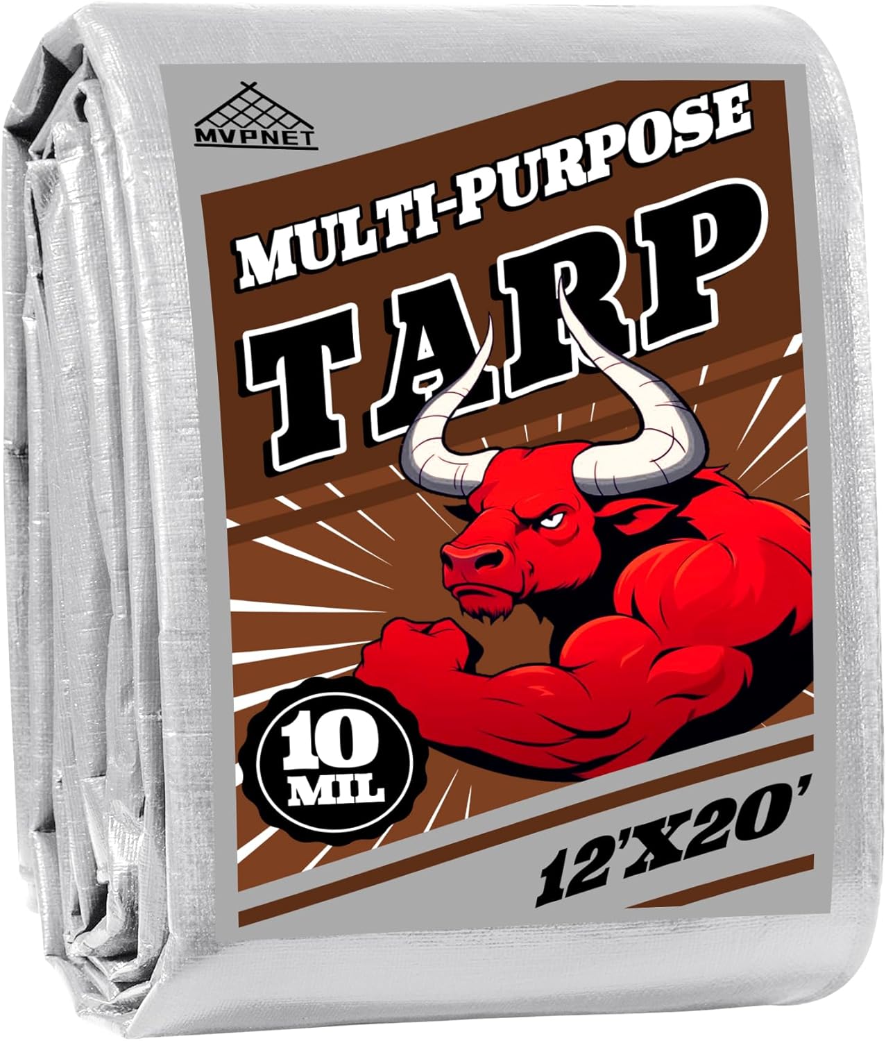 Tarp 12x20 ft Heavy Duty 10mil Silver/Brown 100% Waterproof High Durability Multipurpose Outdoor Tarpaulin,Uv Resistant,for Courtyards,Camping, Canopy, Trailer, Boats, Camping, Etc -by MVPNET