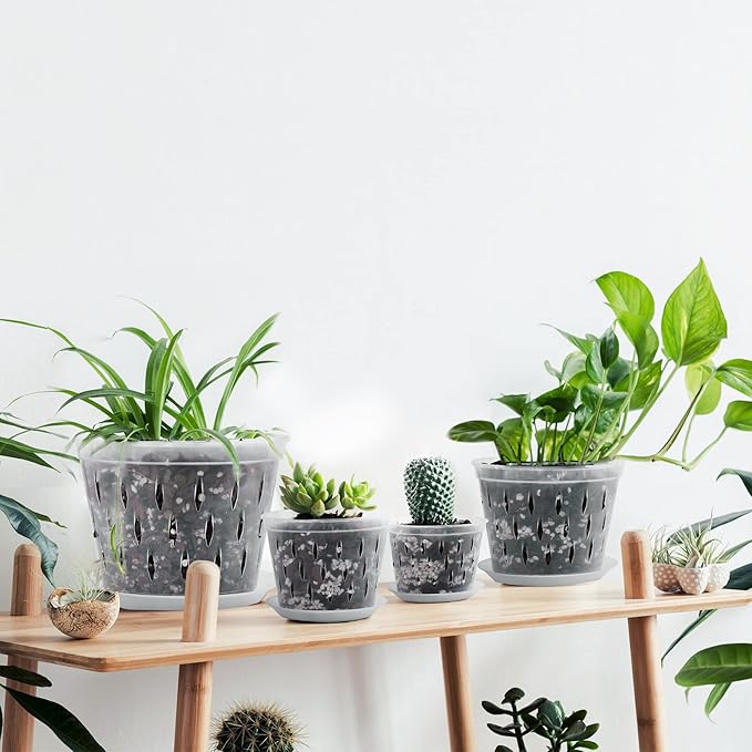 Orchid Pots- 2 Each of 4, 5, 6 and 7 inch- 8 Pots and Saucers, Orchid Pots with Holes and Clear Plastic Orchid Pots for Repotting