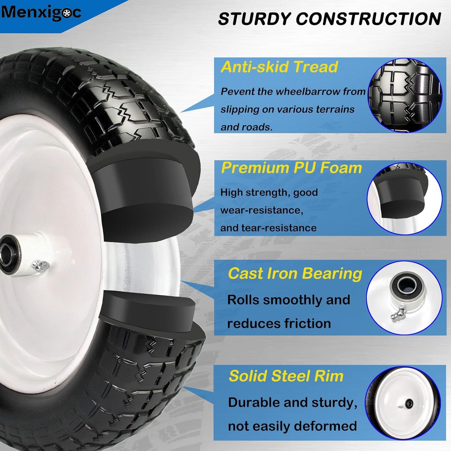 4.80/4.00-8 Solid Tire, 14.5" Flat Free Tire and Wheel, 5/8" Bore Bearing with 3/4" Extra Bearings, 3" -7" Centered Hub - Universal for 4.80-8 4.00-8 4.00-6 3.50/3.00-8 Wheels