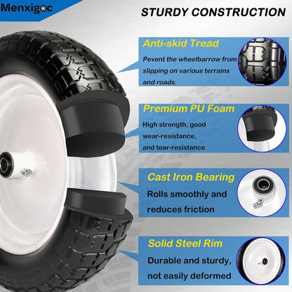 4.80/4.00-8 Solid Tire, 14.5" Flat Free Tire and Wheel, 5/8" Bore Bearing with 3/4" Extra Bearings, 3" -7" Centered Hub - Universal for 4.80-8 4.00-8 4.00-6 3.50/3.00-8 Wheels