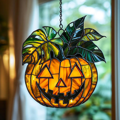 Monstera Jack-o'-Lantern Acrylic Suncatcher Stained Glass Effect Window Car Hanging Christmas Ornament Indoor Outdoor Decor Garden Sun Catcher Panel for Monstera Lover for Women Mom Grandma
