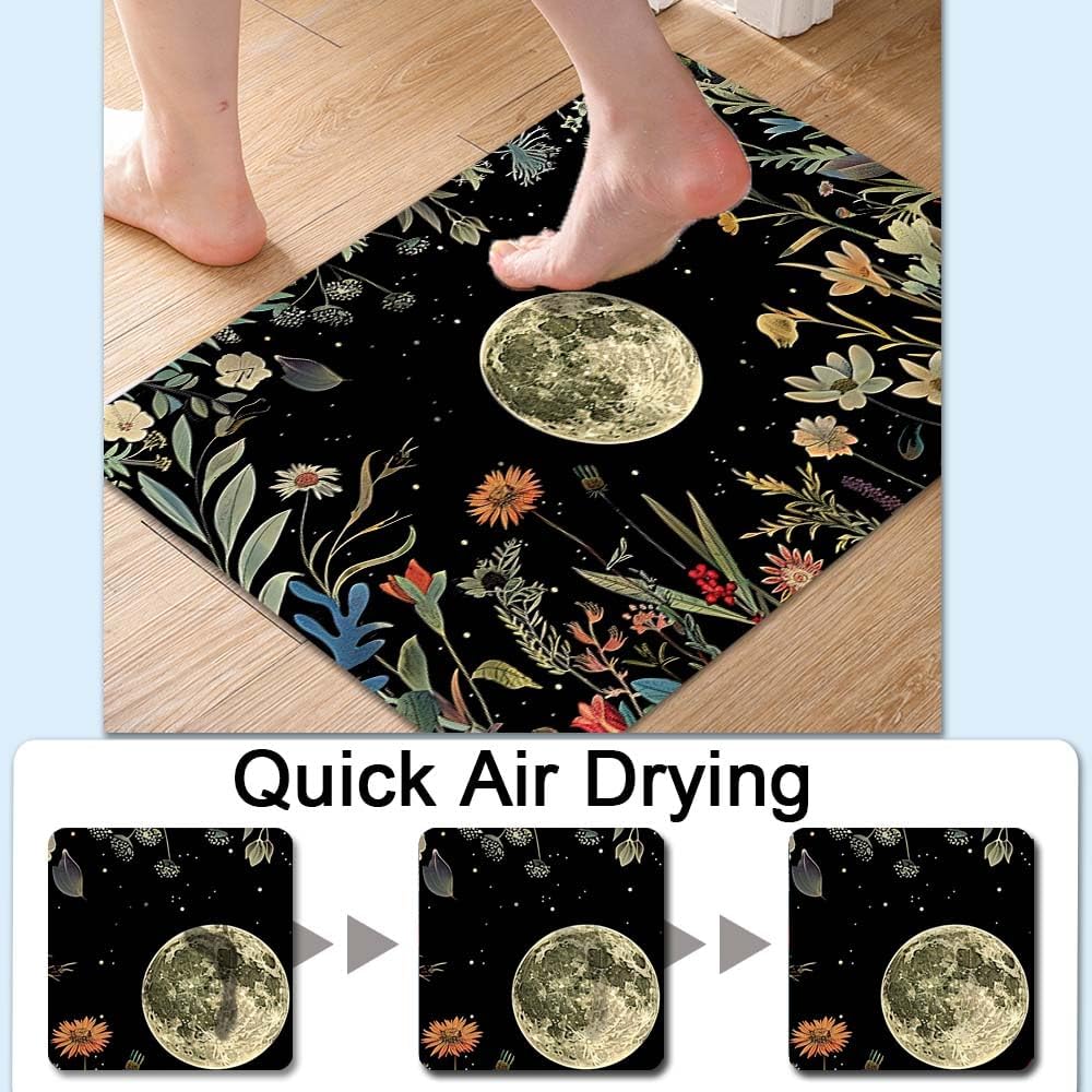 Bath Mat-Bathroom Rug，Moon Surrounded by Wildflowers-Absorbent Non Slip Quick Dry Stain Resistant Easy to Clean Care Shower Rug for Bathtub Shower Room 20×31Inch (50 * 80cm)