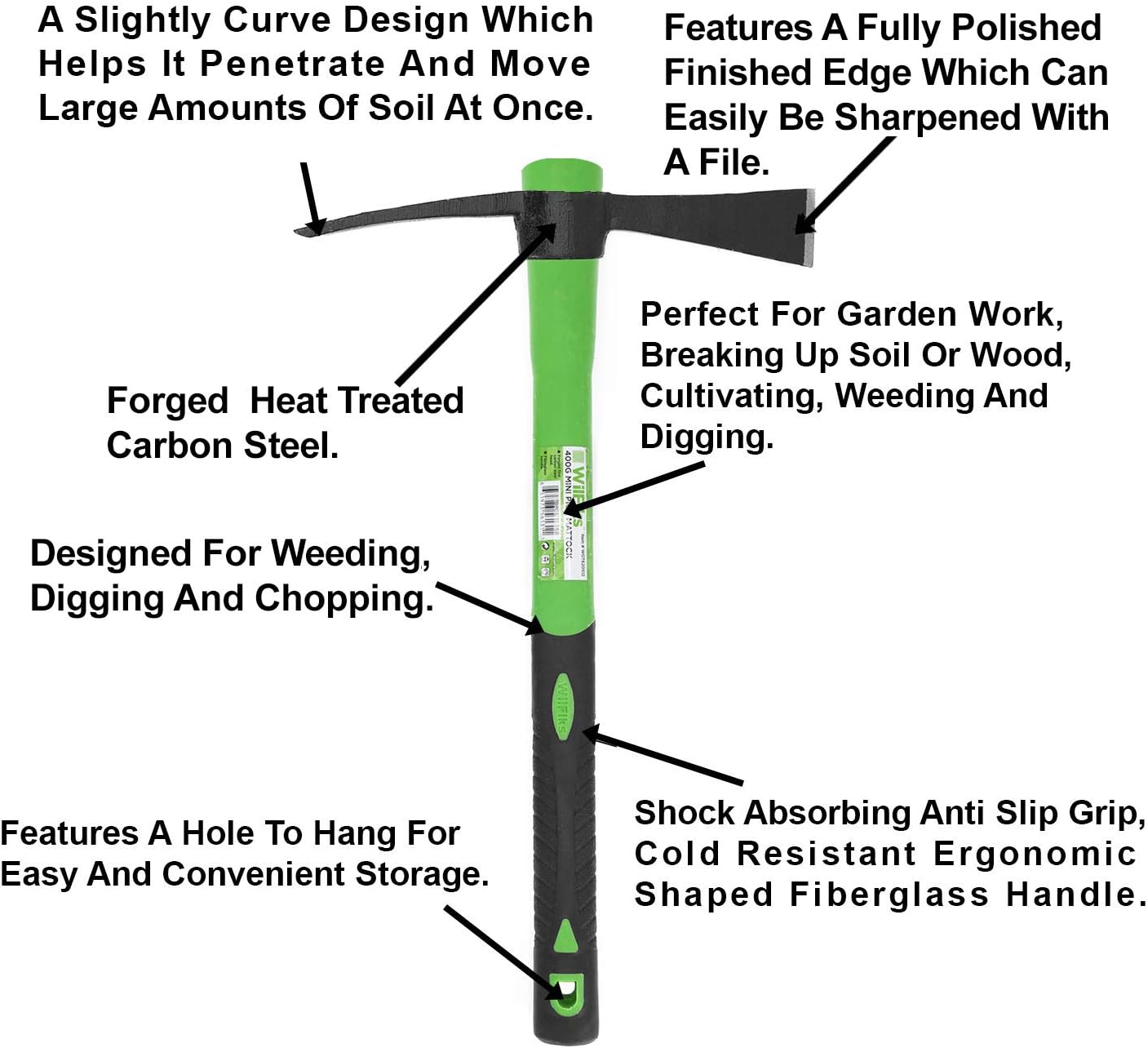 WilFiks Cutter Mattock, 15" Heavy Duty Pick Axe with Forged Heat Treated Steel Blades, Adze Hoe for Weeding, Prying and Chopping, Digging Tool with Anti-Slip Grip, Ergonomic Shock Reduction Handle