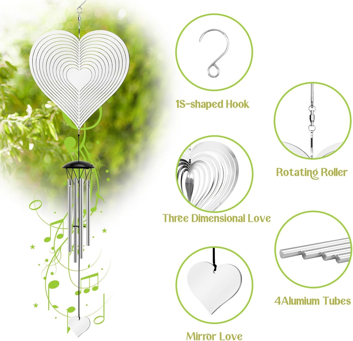 Wind Chimes with Heart Wind Spinner, Outdoor Garden Decor Wind Spinner for Women, Mom, Retirement, Teacher, Parents Birthday, Memorial, Garden Porch Patio Home Decor