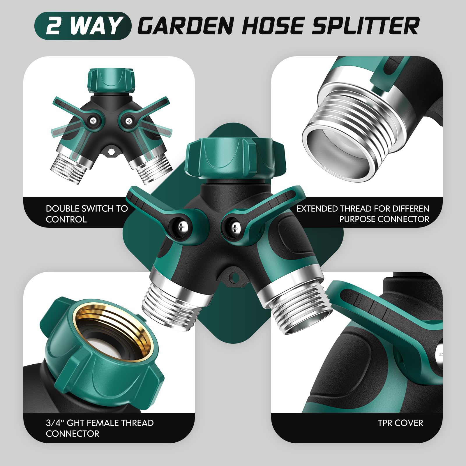 2 Way Garden Hose Splitter with Shut Off Valve,Water Spigot Splitter for 3/4" Hose Connector,Heavy
