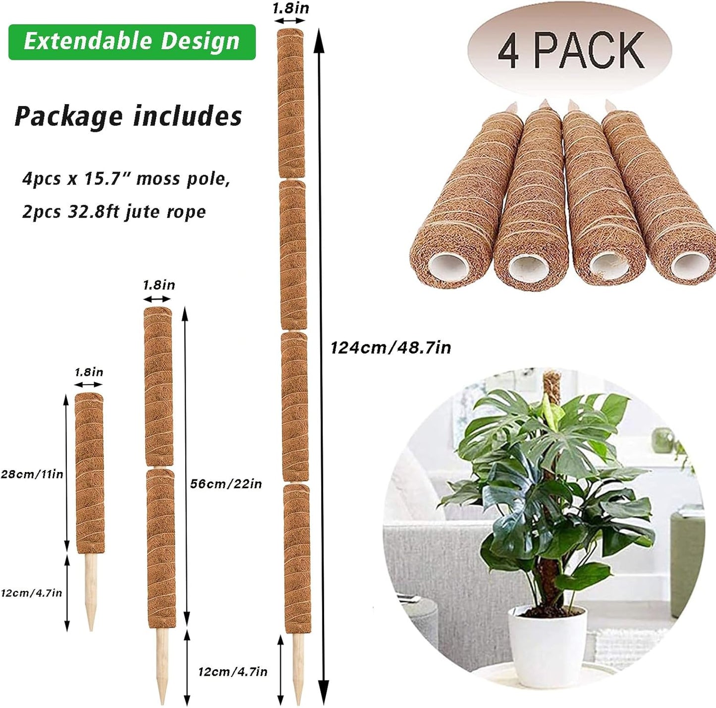 YEAJON 4 Pcs 15.7 Inch Coir Moss Totem Pole Monstera Plant Support with 2 Pcs 32.8ft Jute Rope, Plant Stakes for Indoor Plants Climbing, Support Extension(4 Packs 15.7 Inch)