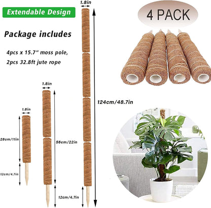 YEAJON 4 Pcs 15.7 Inch Coir Moss Totem Pole Monstera Plant Support with 2 Pcs 32.8ft Jute Rope, Plant Stakes for Indoor Plants Climbing, Support Extension(4 Packs 15.7 Inch)