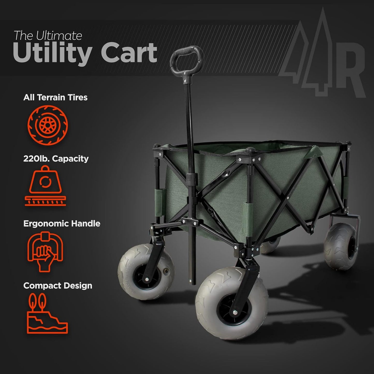 Beach Wagon with Big Wheels for Sand - All Terrain Steel Frame Utility Cart with 9" Pneumatic Tires, Collapsible Folding Design (Sand Warrior RX800 Green)