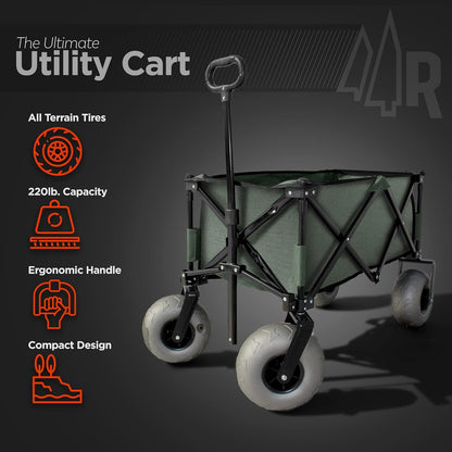Beach Wagon with Big Wheels for Sand - All Terrain Steel Frame Utility Cart with 9" Pneumatic Tires, Collapsible Folding Design (Sand Warrior RX800 Green)