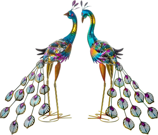 Peacock Garden Statues Metal Peacocks Sculptures for Outdoor Backyard Decor Patio Lawn Porch Yard Decoration (Pack of 2, Blue)
