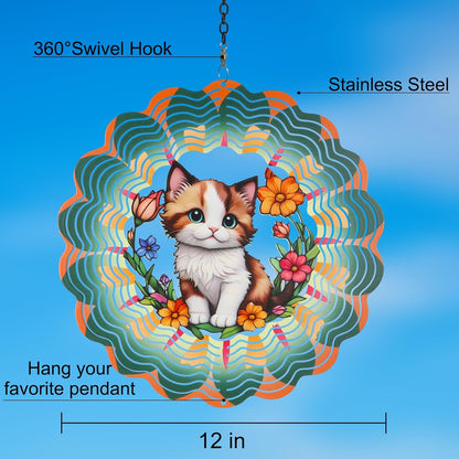 Metal Wind Spinners for Outdoor,Birthday Gifts for Women Mom Grandma, 12 Inch Cute Brown cat Wind Spinner, Kinetic Sculpture Garden Decor for Ornament Gifts