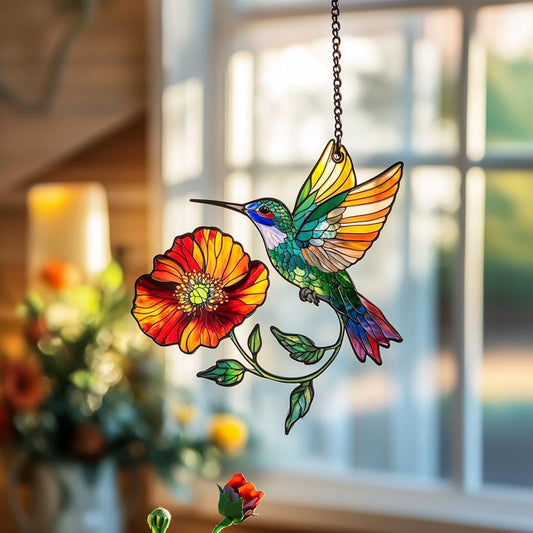 Hummingbird and Poppy Flower Window Hanging Suncatcher Ornament Hummingbirds Flowers Home Decor Art