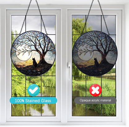 Halloween Decorations Black Cat Suncatcher Stained Glass Window Hanging - 8” Tree and Moon Stained Glass Suncatchers for Windows Decor Glass Panels - Sun Catchers Memorial Gift for Lover Cat Loss