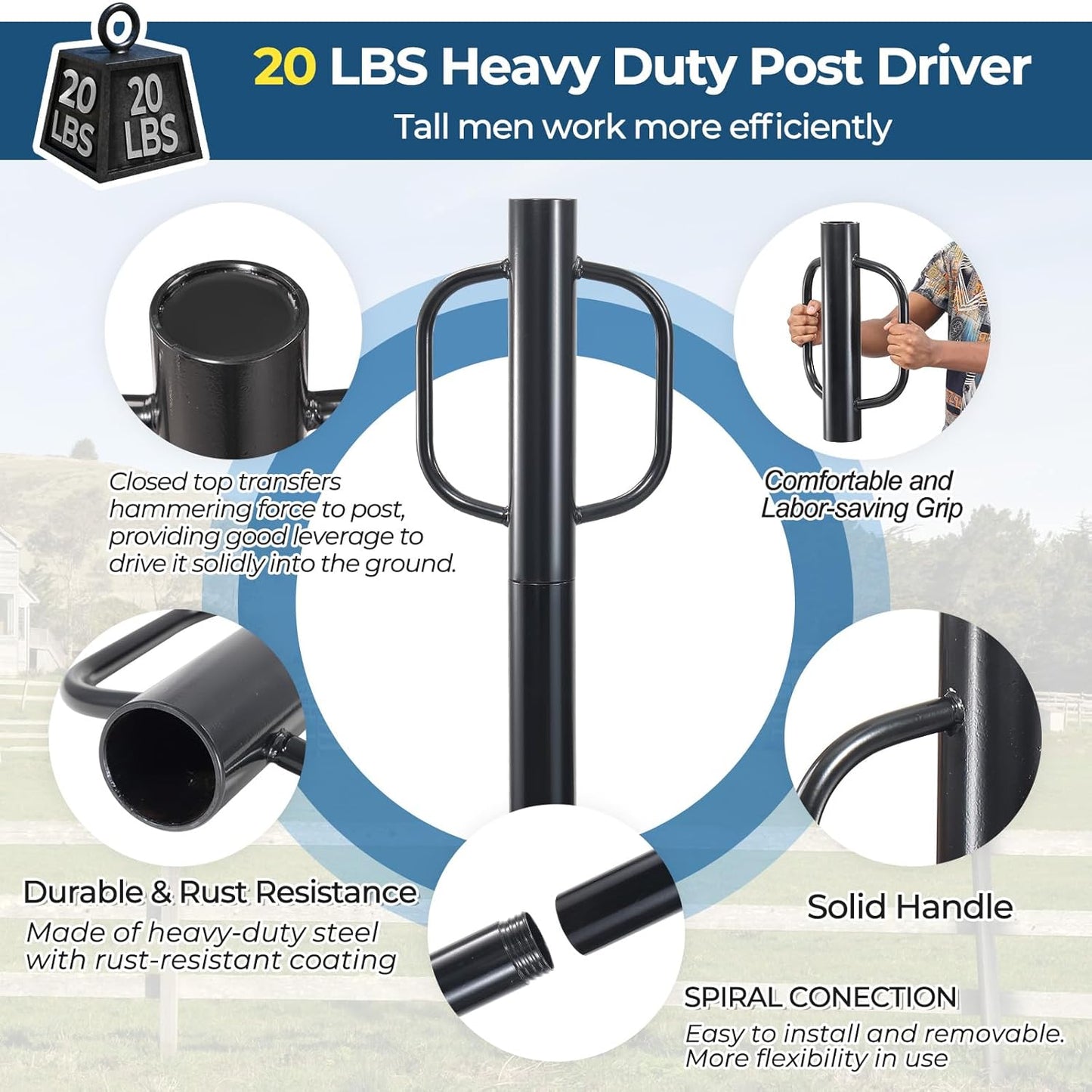 Fence Post Driver, 20LBS Fence Post Driver with Handle, 2.7 inch Inner Diameter Hand Post Pounder, Heavy Duty Driver Tool T Post Rammer for Fence Post U Channel Wooden Post Metal Post, Black
