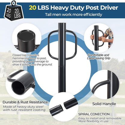 Fence Post Driver, 20LBS Fence Post Driver with Handle, 2.7 inch Inner Diameter Hand Post Pounder, Heavy Duty Driver Tool T Post Rammer for Fence Post U Channel Wooden Post Metal Post, Black