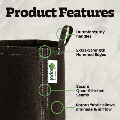 GeoPot 10 Gallon Fabric Grow Bags with Handles - 5-Pack - Black - Aerated - Indoor/Outdoor