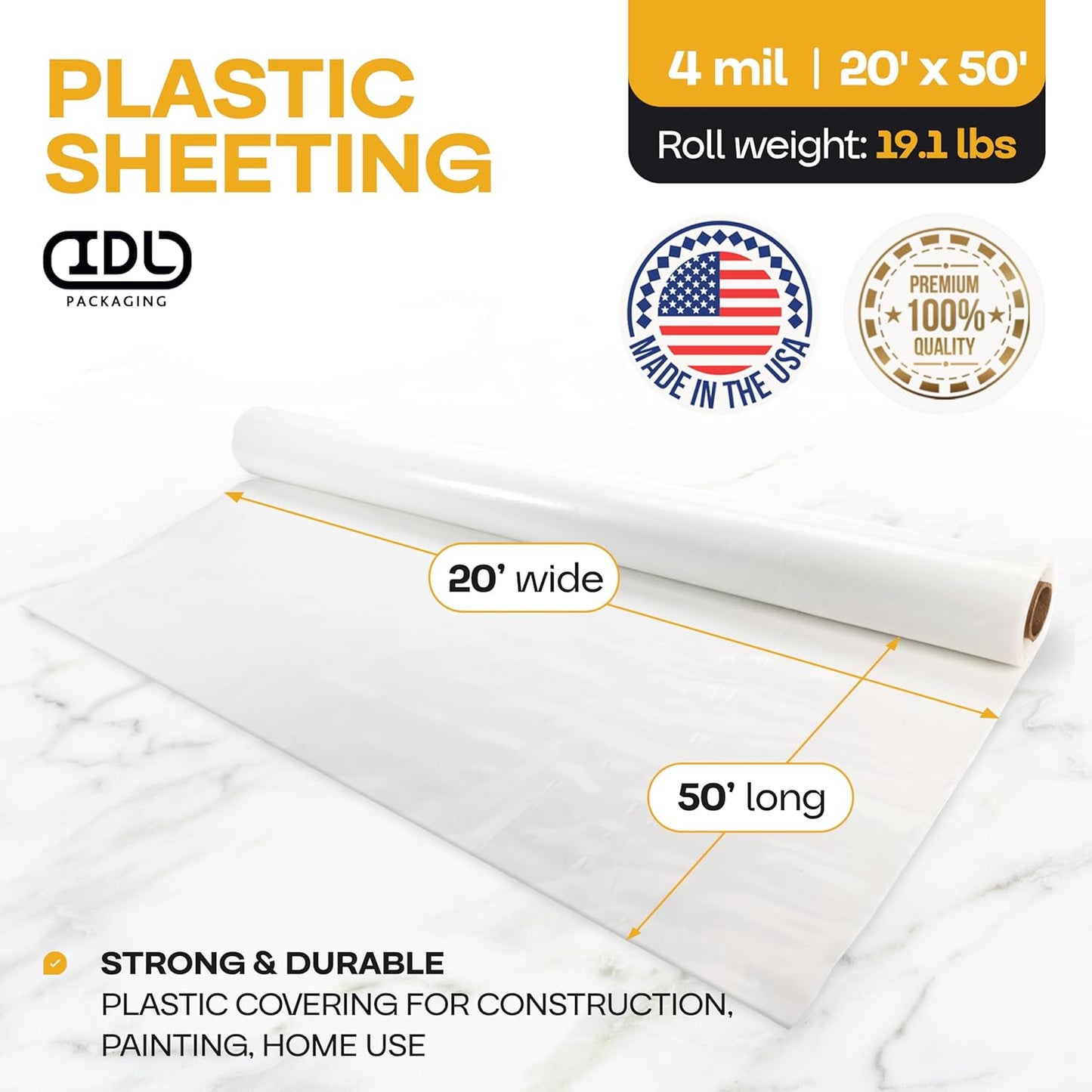 Plastic Sheeting 4 mil, 20' x 50' (1000 sq. ft.) - Thick Semi-Clear Plastic Sheeting for Painting or Construction - LDPE Film Roll - Heavy Duty Plastic Sheeting for Drop Cloth by IDL Packaging