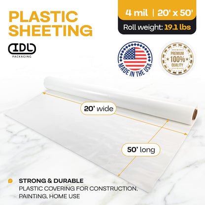 Plastic Sheeting 4 mil, 20' x 50' (1000 sq. ft.) - Thick Semi-Clear Plastic Sheeting for Painting or Construction - LDPE Film Roll - Heavy Duty Plastic Sheeting for Drop Cloth by IDL Packaging