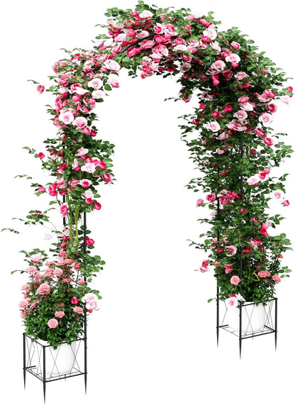 8.2 Ft Garden Arch Trellis for Climbing Plants Outdoor, Wedding Arch Frame for Ceremony Garden Arbors and Arches with 2 Planter Boxes, Metal Arch Backdrop Stand for Party Halloween Archway, Black